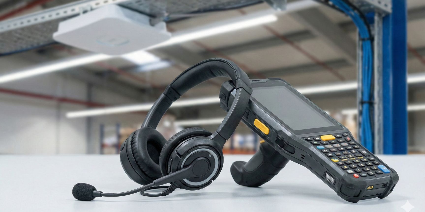 Nahaufnahme von Pick-by-Voice-Ausrüstung, bestehend aus einem industriellen Headset und einem robusten mobilen Datenerfassungsgerät, mit einem WLAN-Access-Point an der Decke im Hintergrund.